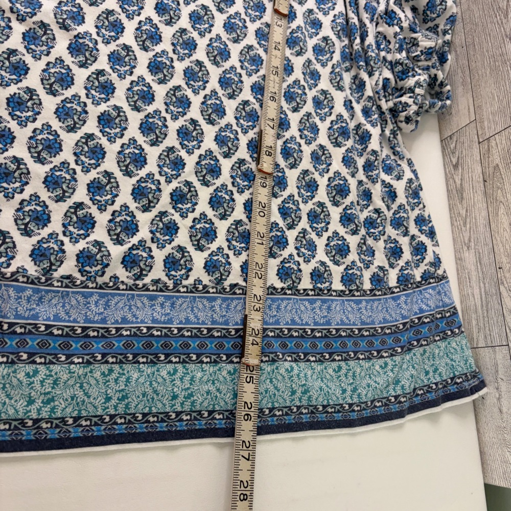 Pure Jill Tunic Top Womens M Blue Border Print Split Neck Cotton Modal 3/4 Slv - Picture 7 of 8